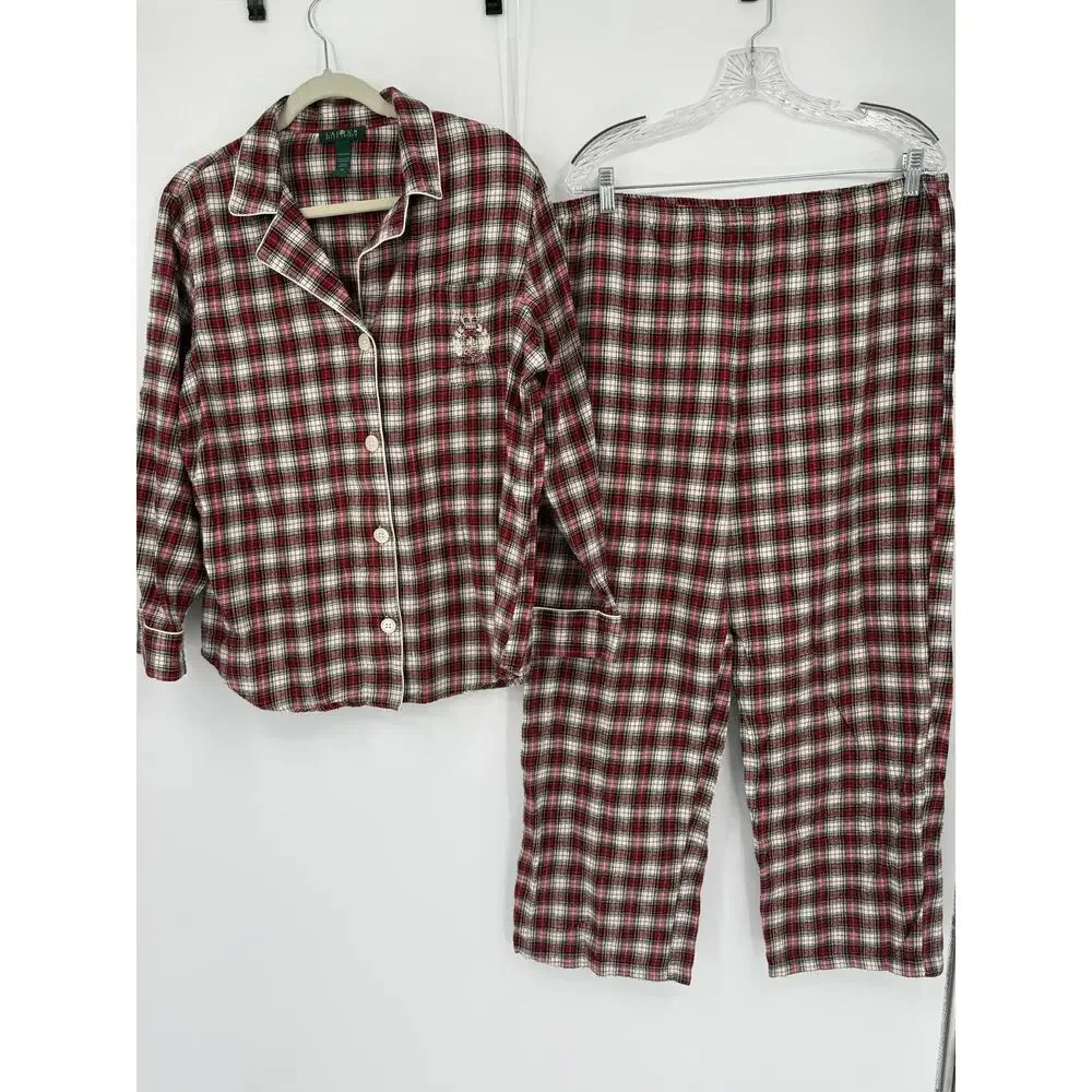 Lauren Ralph Lauren Plaid Cotton Flannel Holiday Christmas Pajama Set Womens XL
